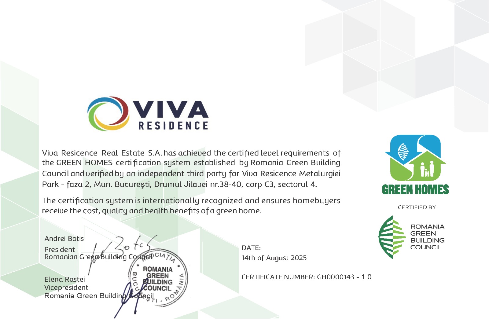 Viva Residence RoGBC certificare 3